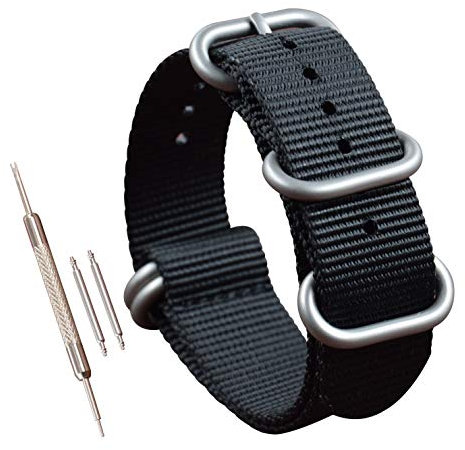 22mm Schwarz Uhrenarmband Watch Band Dickes Nylon für Herren Matte Silberne Schnalle5 Ringe