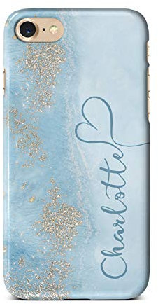 iCaseDesigner Personalised Marble Glitter Flowing Name with Heart Phone Case for Apple iPhone XS Max - 21. Light Blue Marble with Faux Gold Sparkle Vertical Name