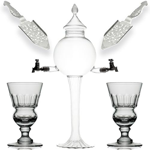 Ensemble fontaine à absinthe en verre nacré avec 2 becs, ensemble goutte à absinthe avec 2 réservoirs, verres à absinthe et cuillères à absinthe.