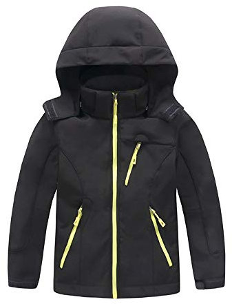 Enfants Hiver Chaud Coupe-Vent Veste Softshell Doublure Polaire de randonnée Ski Veste de Sport à Capuche Coupe Vent étanche Noir S