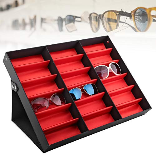 Wakects Sunglasses Storage Holder Box, 18 Grids Sunglasses Display Organizer Glasses Storing Display Holder with Metal Snap Buttons, Perfect for Home and Shop Display, 18.5 x 14.6 x 2.4inch