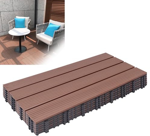 Froadp WPC Fliesen Set, 30x60 cm WPC Terrassenfliesen Klickfliesen, Holz Kunststoff Bodenbelag mit Drainage, Wasserdicht & Rutschfest, Korrosionsbeständig für Balkon & Terrasse, 2m², Braun