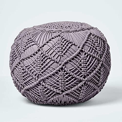 Homescapes Häkel-Pouf, grau, rundes Bodenkissen 35 x 40 cm in Boho Style, dekorativer Fußhocker in Makramee-Optik, gehäkelter Puff aus 100% Baumwolle, Häkelpuff/Strickhocker