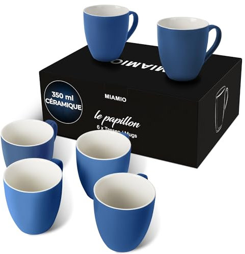 MIAMIO – 6 x 350 ml Pezzi per Colazione/Set di Tazze da Caffè - Le Papillon Collezione (Bianco-Blu)