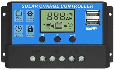 30A Controlador de Carga Solar 12V/24V Panel Solar Inteligente Regulador de Carga Solar con Pantalla LCD y Doble Puerto USB,Controlador de Carga Solar Carga de Regulación PWM
