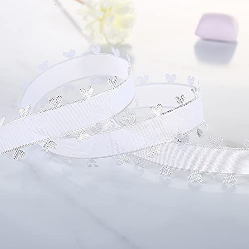 25mm x 18m Herzen Organzaband Organza Bänder Geschenkband Tüllband Schleifenband Dekoband für Auto Hochzeit Deko Tischdeko Zimmerdeko,Machen Antennenschleifen Autoschleifen Autoschmuck,Weiß Silber