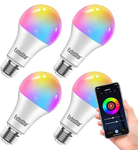 EXTRASTAR 4 Pack Bombilla Alexa LED Intelligente E27, 15W, 1400lm, Regulable Multicolor + Luz Cálida o Blanca, 16 Millones de Colores, Funciona con Alexa y Google Home
