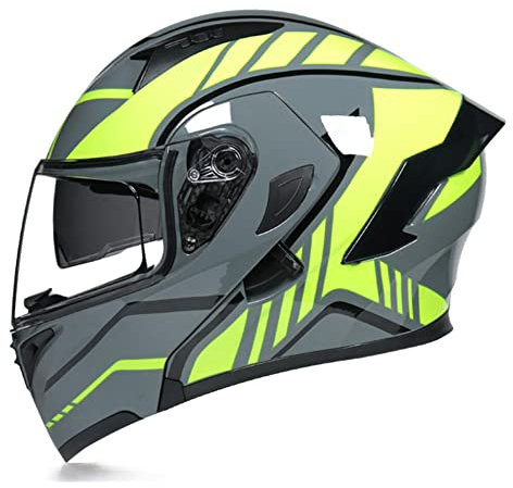 Woljay Full Face Flip Up Motorcycle Modular Helmet Integrated Motorbike Dual Visor for Adults Men Women Moped Street Racing DOT Approved (L,Grey Yellow-Transparent Visor)