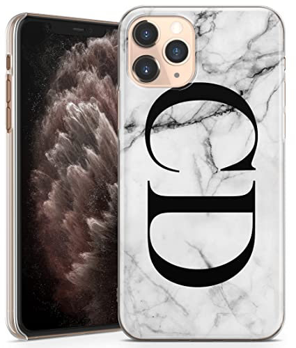 Personalised Phone Case for iPhone 13 Pro Max - Clear Hard Plastic Custom Cover Grey Black Marble Individual Style Initials Name Text - Large Initials