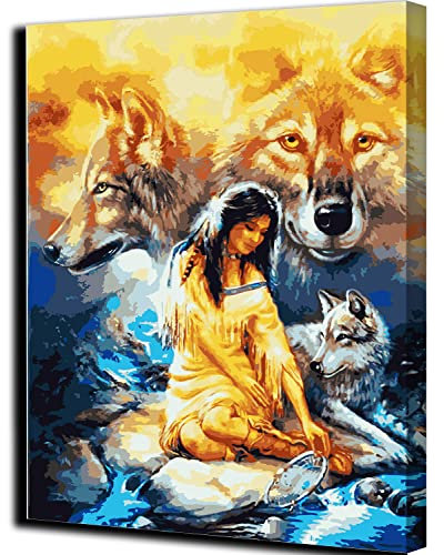 FACAILE Peinture par numéro Kit pour Adultes Enfants fille indienne et loup Peint Cadeau de à l'huile Bricolage avec Brosses peintures acryliques Home Decor 16 x 20 Pouces, Taille unique