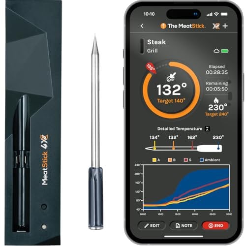 MeatStick 4X - Thermomètre Intelligent sans Fil avec Quad Capteurs - Sonde Alimentaire Numérique (Portée de 200m, Bluetooth) - pour Fumage, Grillade, BBQ, Friteuse à Air, Friteuse, Four, Rôtisserie