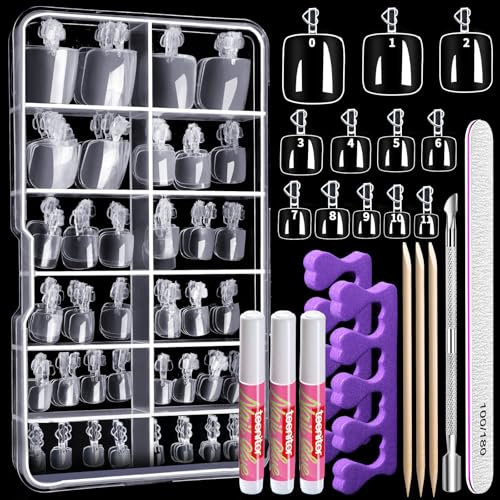 120pcs Clear Press on Fake Toe Nails with Nail Glue, Cuticle Pusher & Nail File, Teenitor Full Cover False Toenail Kit for Salon