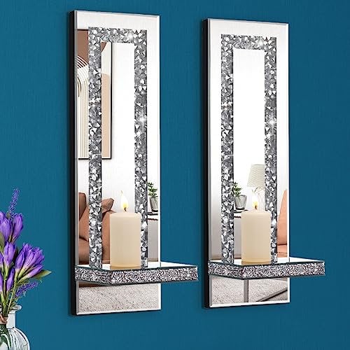 Aeveco Crystal Crush Diamond Mirrored Candle Sconces, Silver Wall Candle Holder Set of 2, Wall Decorations for Living Room,Dining Room (Rectangle Stripe (Style 4))