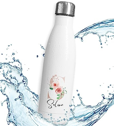 timalo® Thermosflasche | Initialen | personalisiert mit Namen auslaufsichere Edelstahl Trinkflasche Wasserflasche Muttertag Geschenk für Frauen 500mL | S