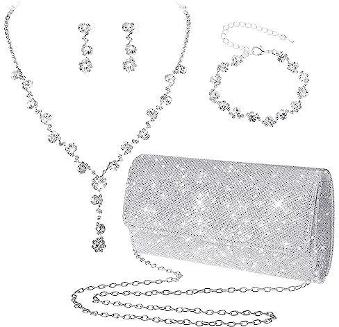 Yolev Bridal Wedding Jewelry Set - Silver Clutch Purse Bag - Rhinestone Necklace, Earrings, Bracelet - Prom Jewelry for Brides & Bridesmaids