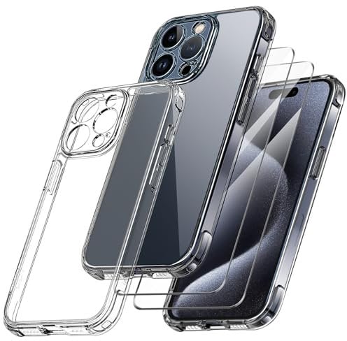 Qasyfanc Handyhülle Kompatibel mit iPhone 15 Pro, Hülle mit Kameraschutz und 2 Stück Schutzfolie, Hard PC Nie Vergilbung Case Transparent Militärschutz Kratzfest Fallschutz Schutzhülle, Klar