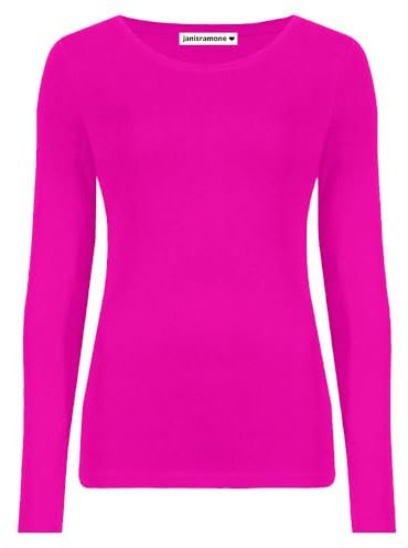 janisramone Womens Ladies Round Neck Long Sleeve T-Shirt Stretchy Plain Fitted Basic Jersey Casual Tee Top Neon Pink