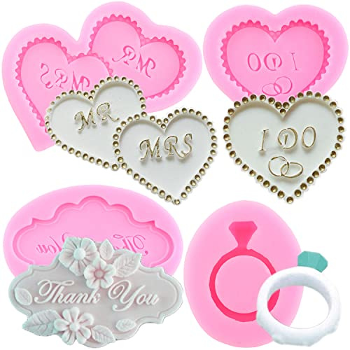 RFGHAC Heart MR MRS I DO Silicone Fondant Mould Diamond Ring Candy Chocolate Moulds for Wedding Cake Decorating Cupcake Topper Gum Paste Polymer Clay Set of 4