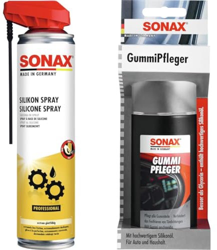 SONAX SilikonSpray mit EasySpray (400 ml) Schmiermittel schmiert & GummiPfleger mit Schwammapplikator (100 ml) reinigt