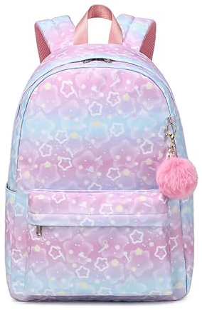 Leichter Rucksack für Mädchen & Teenager ab 8 Jahren, Pastellblau, Pompon | Besonders leicht, A4-tauglich, praktische Fächer, wasserabweisend, Pastellfarben, Pompon-Anhänger