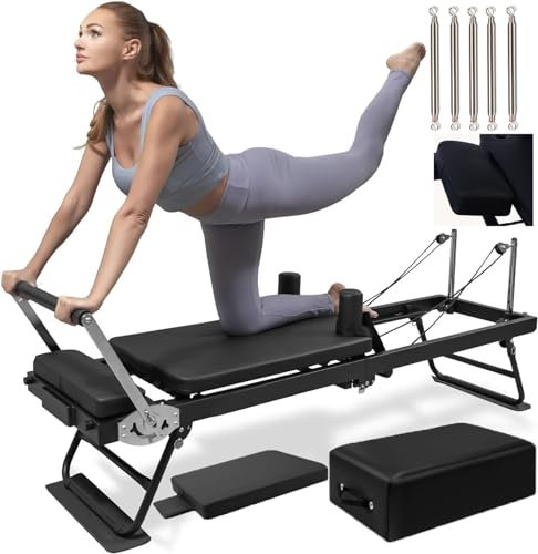 aixizi Faltbare Pilates Reformer Maschine, Pilates Ausrüstung Home Workout, Reformer Maschine Anzug Mit 5 Edelstahl Federröhrchen Und Quadratkasten, Sprungbrett,Schwarz