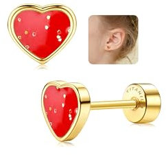 LOLIAS 20G Titanium Heart Love Earrings for Girls Women 14K Gold Plated Cute Tiny Sequins Studs Hypoallergenic Earrings for Girls Cartilage Tragus Screw Back Earrings for Sensitive Ear Piercing