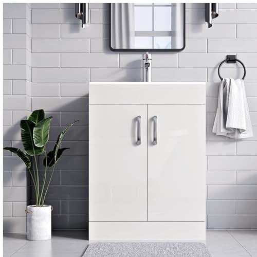 BELOFAY Vanity Unit With Basin | 600mm Floor Standing Bathroom Vanity Units With Basin | 1 Tap Hole Ceramic Bathroom Sink | Lacquered Finish | Waste Included (New York White)