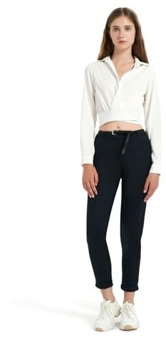 GLOWELFA Pantalon Femme De Travail Tailleur Cargo Chino Droit Taille Haute Fin Chic et Elegant Extensible Bleu foncé Taille S(07121,S,Bleu foncé)