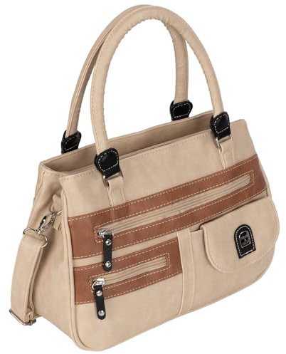 EAAKIE Damen Tasche, Schultertasche, Handtasche, Umhängetasche mit Leder Optik und vielen Fächern (CREAM-COGNAC)