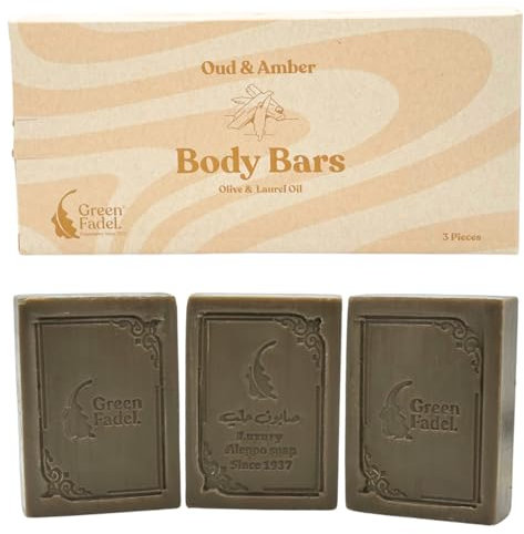 GREEN FADEL Aleppo Seife Luxury mit Oudh & Amber Aroma, 3 Stück, Original Aleppo Seife Olivenöl & Lorbeeröl, Olivenölseife, Naturseife, für Gesicht & Körper
