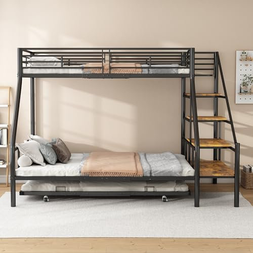 Idemon Litera 90 (140) x 200 cm, estructura de metal, cama de hierro, litera con cama nido, con escalera, para niños, adolescentes y adultos (sin colchón) (negro)