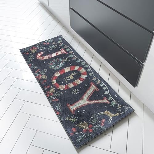 Mazovia Teppich - Schwarz Weihnachtsteppich - Weihnachten Teppichmatte für Küche, Korridor, Diele - Maschinenwaschbar - Wasserdicht - Festlicher Druck Weihnachten Teppich Läufer - Schwarz - 40 x 90 cm