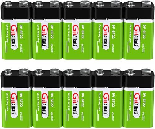 GutAlkaLi Batteries 9 V Block Battery, Pack of 10, Longlife Power for Smoke Detectors, Fire & Fire Detectors, Microphone 6lr61 6F22 PP3 MN1604
