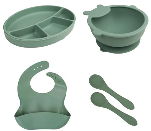 THERMOBABY - Pack Repas Bébé En Silicone – Assiette, Bol, Bavoir, Cuillères Antidérapants – Set Complet Et Pratique Pour Les Premiers Repas De Bébé - Vert Cactus