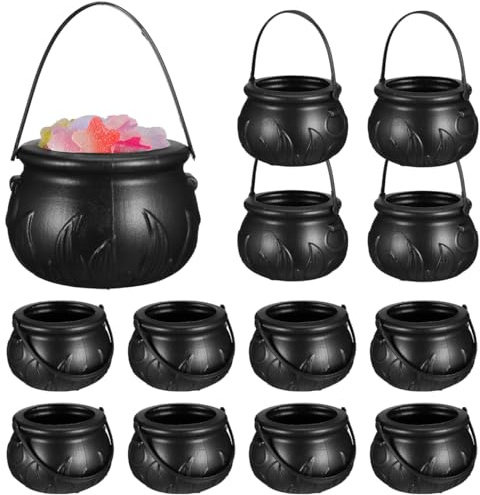 Warmhm 12 StüCke Mini-Kessel Mit Halloween-SüßIgkeiten Eimer in Schwarz Mit Griffen Kessel SüßIgkeitenschalen Geeignet FüR Halloween-Tischdekorationen Im Freien