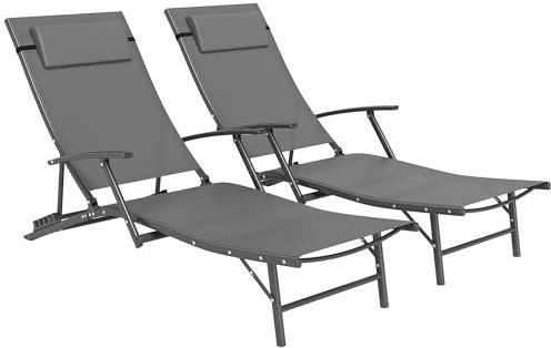 Outsunny Set di 2 Lettini Prendisole Pieghevoli con Schienale Regolabile su 4 Livelli, Sdraio da Giardino con Seduta e Poggiatesta in Acciaio e Textilene, per Spiaggia, Piscina, 64x168x75 cm, Grigio