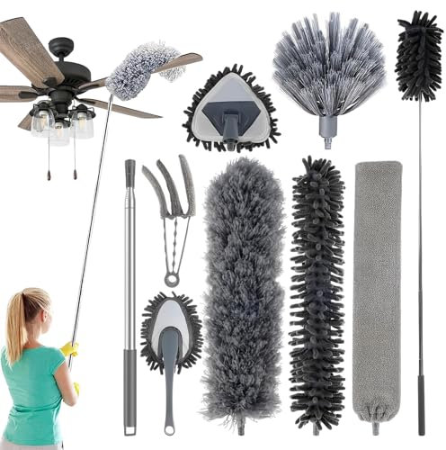 AHDXKUE Feather Duster Extendable Pole Up to 100cm, 9PCS Feather Duster Set Pole Includes Bendable,Washable Long Dusters for Cleaning Dust Cobwebs On High Ceiling Fans Lights Cars