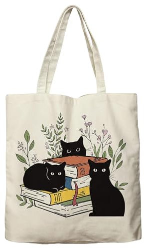 MUNSKT Tragetasche aus Segeltuch mit niedlicher schwarzer Katze, Muster mit 3 schwarzen Katzen, die auf Büchern liegen, waschbar, faltbar und wiederverwendbar für Shopping, Urlaub, Arbeit