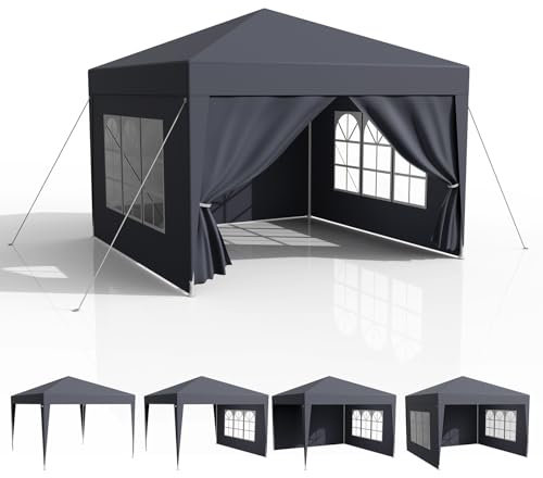 Tonnelle de Jardin 3x3, Pergola-PE Imperméable avec 4 Parois Latérales, Chapiteau UV 50+, Tente de Fête-Plage-Camping-Marché-Reception, Auvent avec Fenêtres, Cadres en Acier, Anthracite