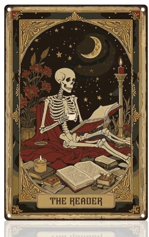 DOODLREAM Skelett-Leser Tarot Halloween Metall-Blechschild Wanddekoration | Vintage Metall-Wanddekor mit mystischem lesendem Skelett, Kunstposter als Geschenk für Bibliothek, Café und Leseraum