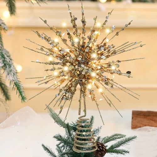 Christbaumspitze Stern, Baumspitze Weihnachten,Christbaumspitze Baumspitze Spitze Aufstecker,Metall Design Glitzer 20LED Lichter Christbaumspitze Stern für Weihnachten zu Hause Weihnachtsbaum Deko