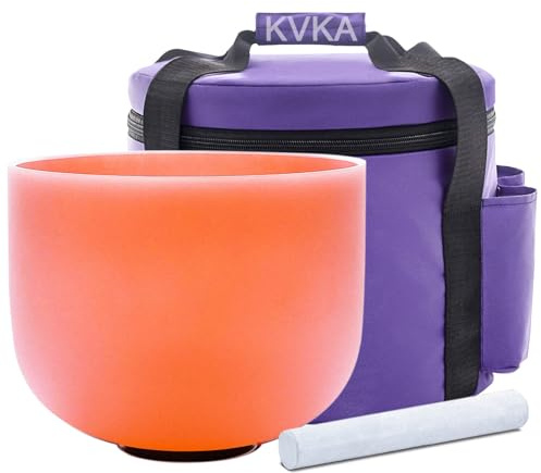 KVKA 432Hz 8 Inch Colored Design Frosted Quartz Crystal Singing Bowls with Carry Case Bag (D note -Orange)