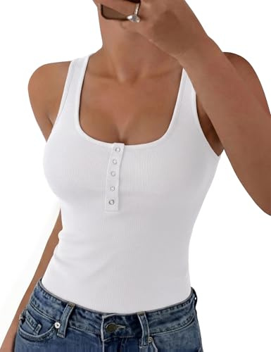 Aottori Camiseta Mujer sin Mangas para Verano Tejido Acanalado con Cuello U | Botones Frontales, Corte Ajustado, Estilo Casual, Forma de Túnica, Acabado Liso, para Uso Casual