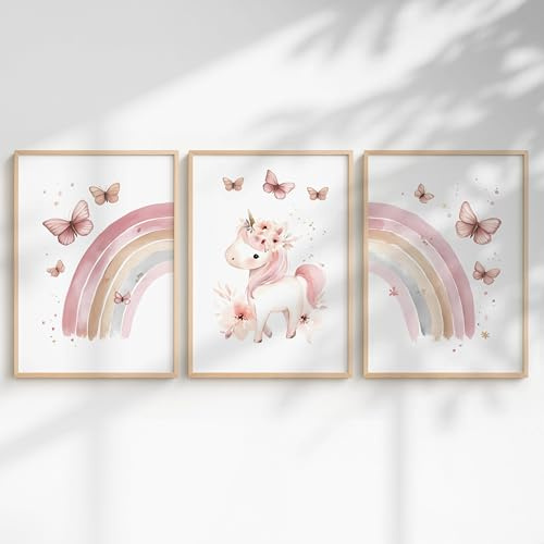 Generisch 3er Poster Set Kinderzimmer Mädchen – Babyzimmer Wandbilder mit Einhorn, Prinzessin, Tieren & Regenbogen – Liebevolle Deko fürs Mädchenzimmer (Einhorn & Regenbogen, DIN A3, Ungerahmt)
