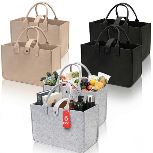 ZOOFOX 6 Pack Foldable Felt Tote Bags Bulk, Reusable Grocery Shopping Bags with Reinforced Handles and Button, Colorful Utility Tote for Gifts, Clothes, Books