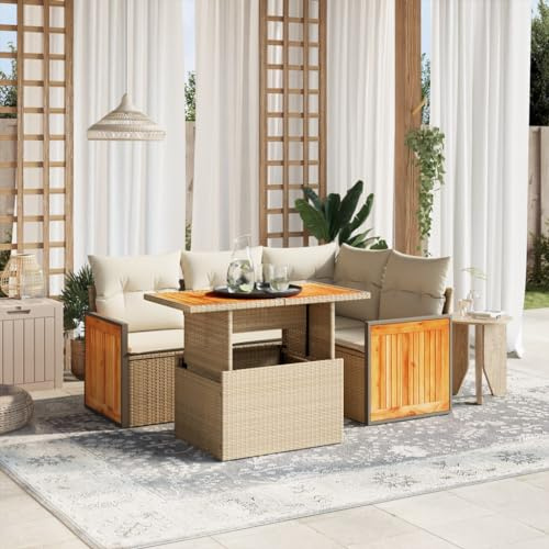 Owoxanthellate 5-TLG. Gartenmöbel Set Beige Poly Rattan 55x62x69cm wetterfestes Balkonmöbel mit höhenverstellbarem Tisch für Garten Terrasse und kleine Balkone