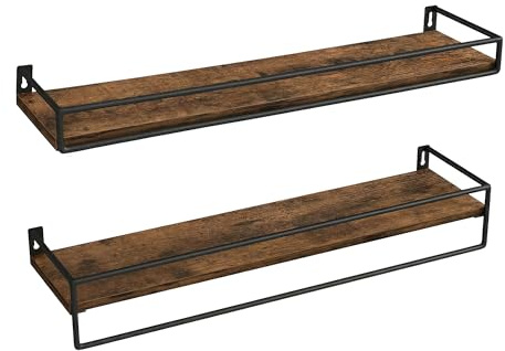 VASAGLE Wandregal, 2er Set, Schweberegal mit Stange, 60 cm breit | Wandboard, Aufbewahrung, für Küche, Schlafzimmer, Wohnzimmer, rustikales braun-mattschwarz, COLEX Kollektion LWS461KD01