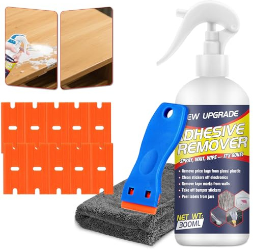 Spray Rimuovi Colla, Rimuovi-Adesivi da 300 ml per Auto e Casa, con Raschietto e Panno, Rimuovi-Colla Delicato sulle Superfici: Ideale per Residui di Nastro, Gomma da Masticare, Catrame e Grasso