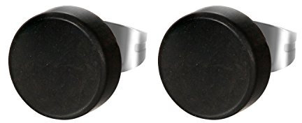 JewelryWe Schmuck Herren Damen Ohrstecker, Edelstahl Holz Runde Ohrringe Piercing, Schwarz, 10mm