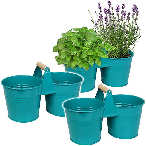 alles-meine.de GmbH 5 Stück Design - doppelte 2er - Blumentöpfe/Pflanzkübel/Pflanzschale - Metall - mit Holzgriff/Henkel - türkis blau/Mint - 34 cm - RUND - frostsicher..